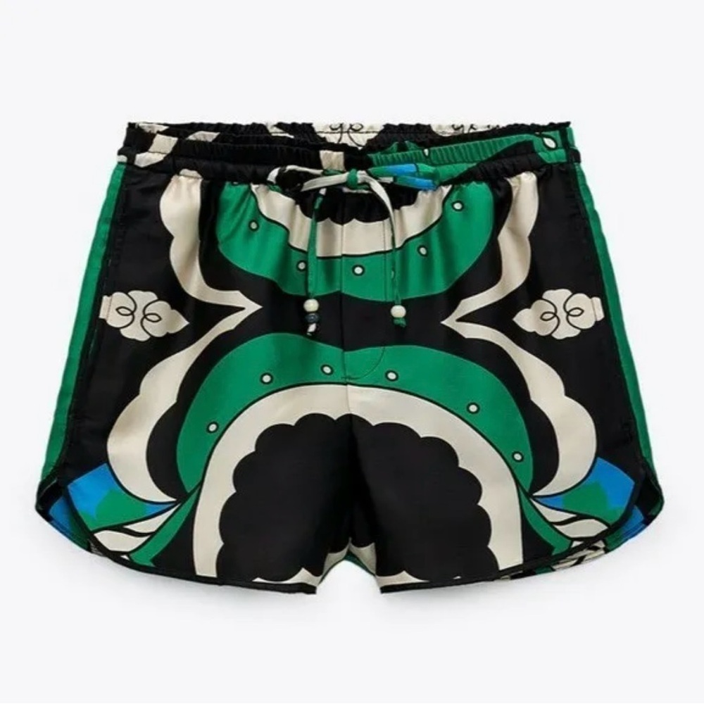NWT Zara Keep Up With Me Shorts, Green Black High Rise Pocket Elastic Waist, sm